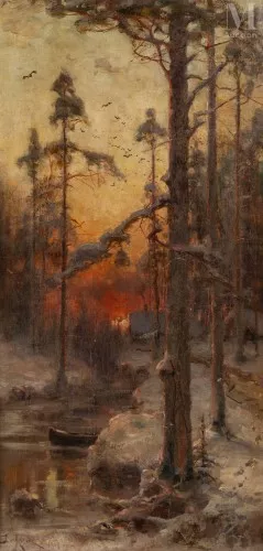 Paysage enneigé au coucher du soleil